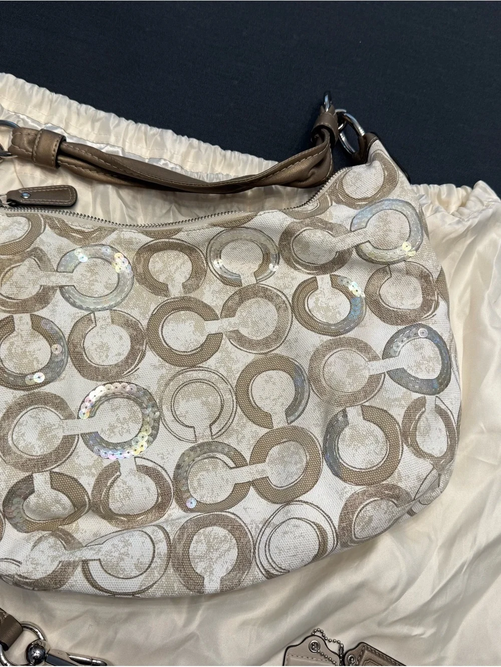 Coach Iridescent Signature Shoulder Bag in Taupe and Cream